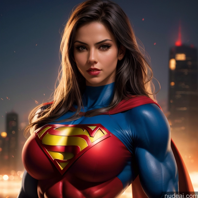 ai nude image of arafed woman in a superman costume posing in front of a city skyline pics of Superheroine Busty Small Tits Muscular Abs Superhero Front View