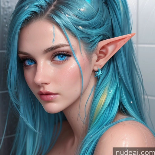 ai nude image of there is a woman with blue hair and elf ears posing for a picture pics of Two Perfect Boobs Oiled Body Shower Rainbow Haired Girl Long Hair Deep Blue Eyes Sexy Face