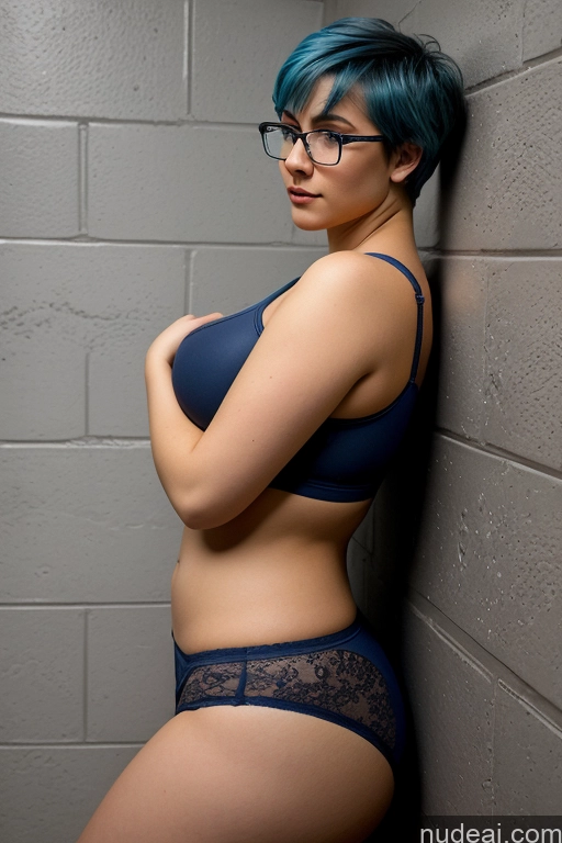 ai nude image of there is a woman with blue hair and glasses posing for a picture pics of Dark Lighting Pixie Blue Hair 18 Prison Shirt Panties Back View Big Hips Big Ass Glasses Busty