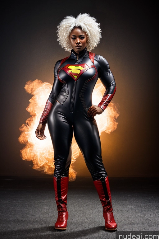 ai nude image of araffe woman in a black and red superhero suit with a fireball pics of Superhero Jumpsuit Leather Curly Hair Dark Skin White Hair Thick Muscular