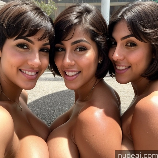 ai nude image of three women posing for a picture in front of a building pics of Miss Universe Model Busty Perfect Boobs Beautiful Muscular Abs Perfect Body Pubic Hair Tanned Skin Oiled Body 18 Short Hair Greek Brunette Two Sexy Face Orgasm Huge Boobs