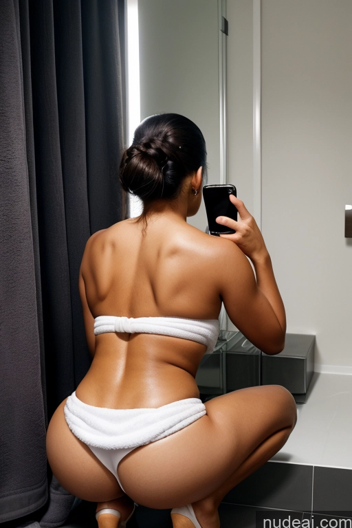 ai nude image of there is a woman in a white bikini taking a picture of herself pics of Miss Universe Model One Busty Huge Boobs Big Ass Oiled Body 18 Sexy Face Black Hair Hair Bun Asian Back View Dark Lighting Detailed Mirror Selfie Bathroom Squatting Towel