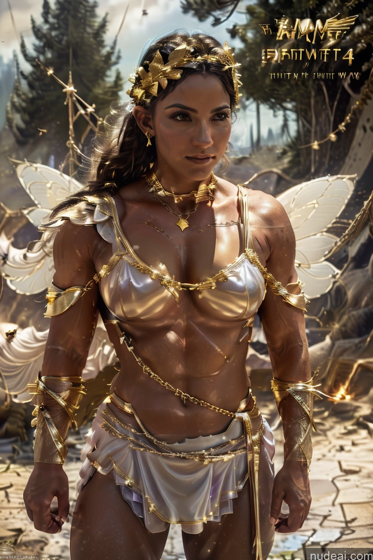 ai nude image of araffe woman in a gold costume posing for a picture pics of Huge Boobs Muscular Abs Menstoga, White Robes, In White And Gold Costumem, Gold Headpiece, Gold Belt, Gold Chain Powering Up Neon Lights Clothes: Purple Fairy Battlefield Woman