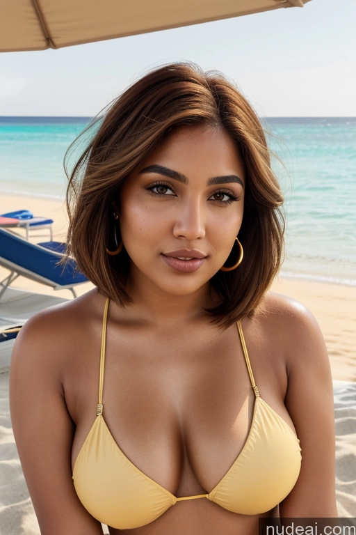 Golden Brown Bob Cut Beach Over-the-shoulder Look Saudi Curvy Full Lips Prominent Chin Birthmark Bikini