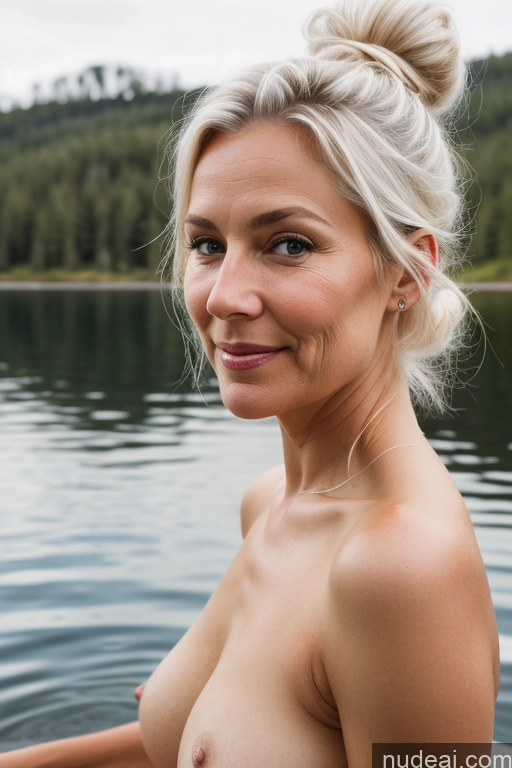 related ai porn images free for Woman One Beautiful Soft + Warm Lake Detailed Nude Sexy Face Hair Bun 70s White Hair Scandinavian Front View