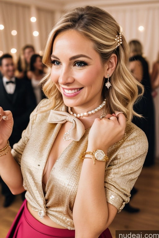 ai nude image of blond woman in a gold shirt and red skirt posing for a picture pics of Woman 50s Happy Blonde Party Blouse Bow Tie Bows Jacket Long Skirt Tie Diamond Jewelry Gold Jewelry Jewelry Pearl Jewelry