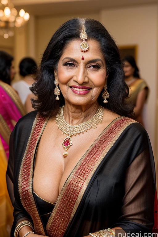 ai nude image of araffe woman in a black sari with a gold necklace and earrings pics of Miss Universe Model Perfect Boobs Black Hair Jewelry Two Long Hair Indian Sari 80s