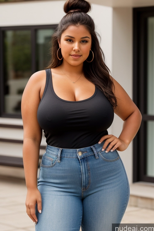 ai nude image of araffe woman in a black top and jeans posing for a picture pics of Woman Perfect Boobs Beautiful Big Ass Thick Fat Big Hips Perfect Body Tanned Skin 18 Black Hair Hair Bun Czech Blouse Jeans Busty Tank Top