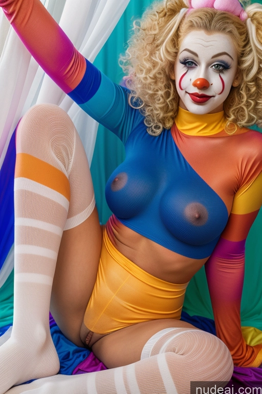 ai nude image of araffe clown with a colorful outfit and tights posing for a picture pics of Woman Beautiful Pubic Hair Perfect Body 20s Skinny Nude Blonde Curly Hair Busty Thigh Socks Clown