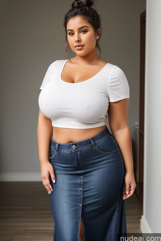 ai nude image of arafed woman in a white top and blue skirt posing for a picture pics of Woman Busty Perfect Boobs Beautiful Big Ass Thick Fat Big Hips Perfect Body Tanned Skin 18 Black Hair Hair Bun Czech Crop Top Blouse Jeans Long Skirt