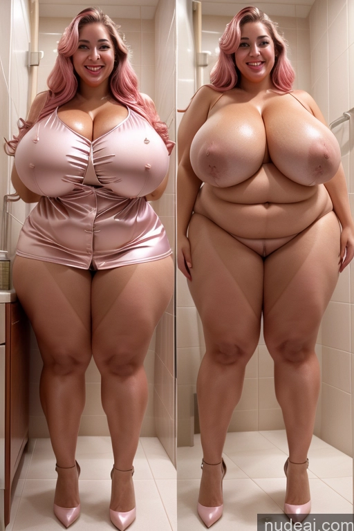 ai nude image of there are two pictures of a woman in a bathroom with big breasts pics of Woman Busty Beautiful Lipstick Big Ass Thick Chubby Happy Long Hair Pink Hair Oiled Body Egyptian Bathroom Nude Satin Huge Boobs 30s Onoff Blouse