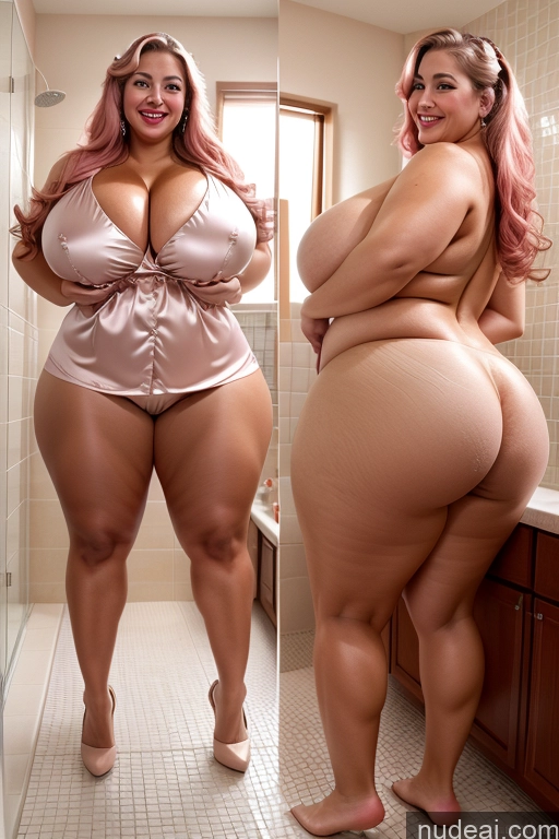 ai nude image of there is a woman that is standing in a bathroom with a big boot pics of Woman Busty Beautiful Lipstick Big Ass Thick Chubby Happy Long Hair Pink Hair Oiled Body Egyptian Bathroom Nude Satin Huge Boobs 30s Onoff Blouse