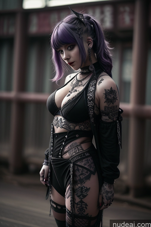 ai nude image of araffed woman with purple hair and tattoos posing for a picture pics of Gothic Punk Girl Busty Athlete Tattoos Big Hips Seductive 60s Purple Hair