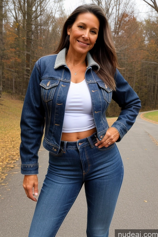 ai nude image of arafed woman in jeans and a white top posing for a picture pics of Perfect Boobs Small Ass Perfect Body Pubic Hair Jeans Jacket Secretary Boots Shirt 50s Native American Tall Athlete