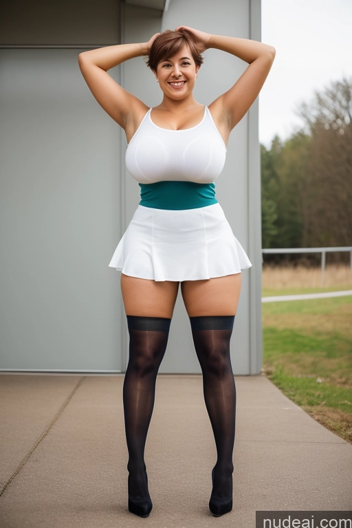 ai nude image of there is a woman in a white tennis skirt posing for a picture pics of Woman Huge Boobs Small Ass Chubby Big Hips Short 40s Happy Pixie T-pose Dress Suit Thigh Socks High Heels Micro Skirt