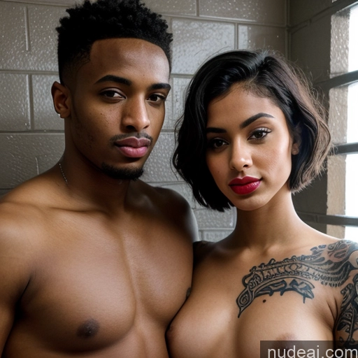 ai nude image of there are two people that are posing for a picture together pics of Woman + Man Two Small Tits Tattoos Lipstick Big Ass Skinny Abs Short Pubic Hair 20s Pouting Lips Black Hair Dark Fantasy Prison Nude Detailed Legspread Ethiopian Front View Pixie