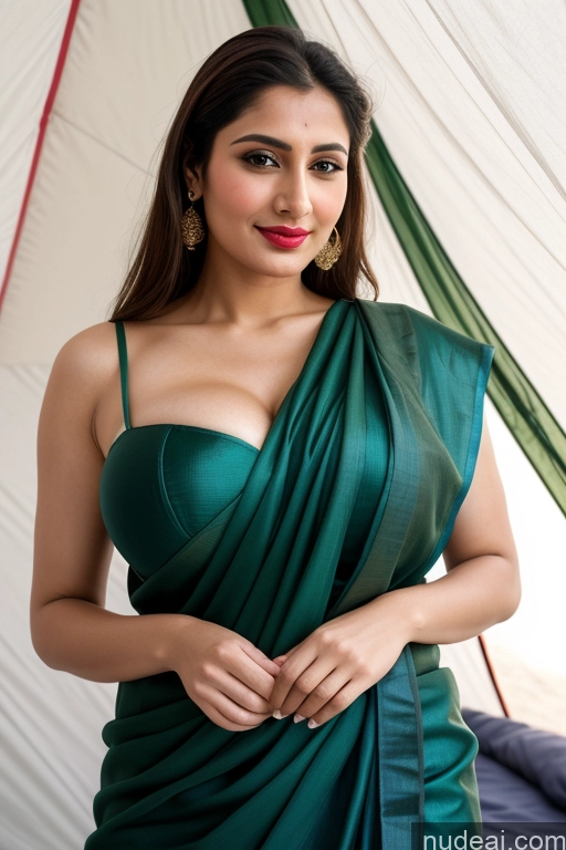 ai nude image of araffe woman in a green dress posing for a picture pics of Woman One Beautiful Lipstick Fairer Skin 30s Slicked White Sari Simple Salwar Tent Close-up View Bright Lighting Cleavage Huge Boobs