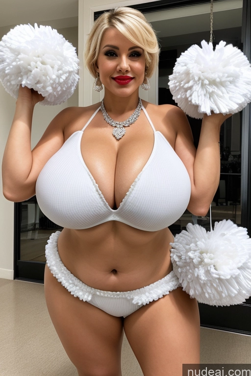 ai nude image of araffe woman in a white bikini and pom poms posing for a picture pics of Milf One Busty Huge Boobs Perfect Boobs Beautiful Lipstick Big Ass Thick Chubby Big Hips Short Perfect Body 40s Blonde Pixie White Cheerleader Cleavage Diamond Jewelry