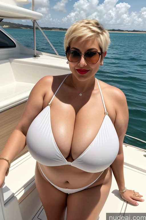 ai nude image of araffe woman in a white bikini on a boat in the ocean pics of Milf One Busty Huge Boobs Perfect Boobs Beautiful Sunglasses Lipstick Big Ass Thick Chubby Big Hips Short Perfect Body 40s Blonde Pixie White Yacht Bikini Cleavage Diamond Jewelry