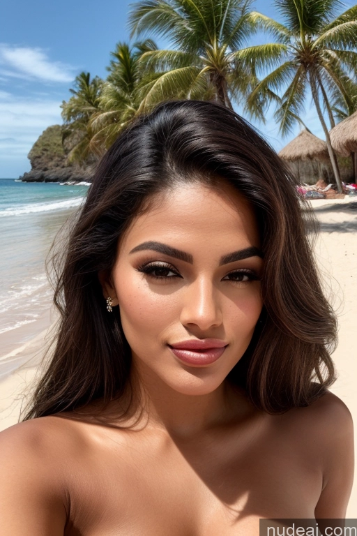 ai nude image of araffed woman with a big breast posing on a beach pics of Miss Universe Model Several Perfect Boobs Busty Beautiful Perfect Body Oiled Body Tanned Skin Orgasm Seductive Sexy Face Pouting Lips Brunette Long Hair Brazilian Skin Detail (beta) Beach Front View 20s