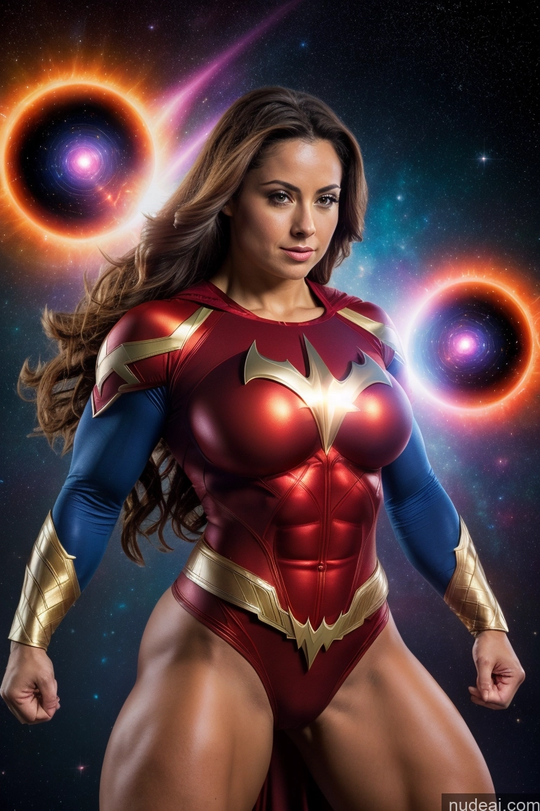 ai nude image of a close up of a woman in a costume with a star in the background pics of Mary Thunderbolt Powering Up Busty Bodybuilder Batwoman Heat Vision Dynamic View Space