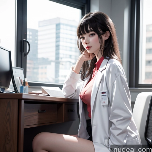 ai nude image of there is a woman sitting at a desk with a computer pics of Fellatio (Side View) Model Fairer Skin 18 Seductive Black Hair Bangs Office Lab Coat Asian