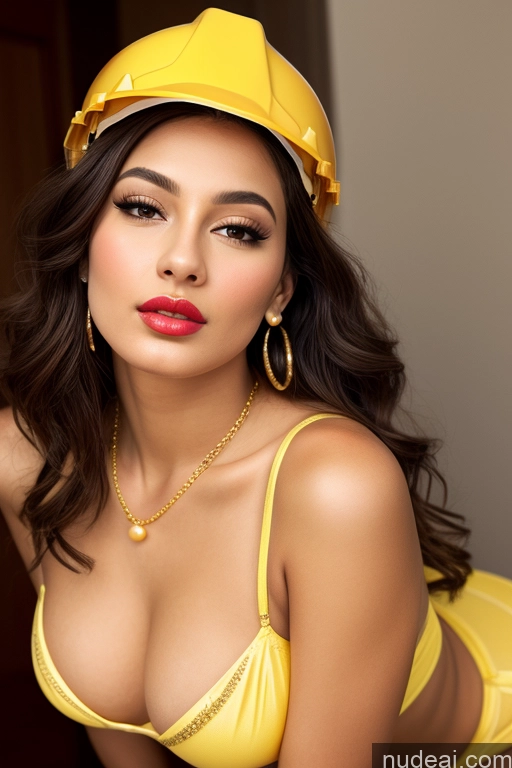 ai nude image of arafed woman in a yellow bikini and a hard hat pics of Woman Small Tits Beautiful Lipstick Pouting Lips Detailed Jewelry Gold Jewelry Pearl Jewelry Diamond Jewelry Warm Anime Front View Partially Nude Construction Worker