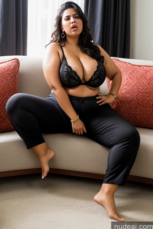 ai nude image of araffe woman in black lingersuit sitting on a couch in a living room pics of Angry Black Hair Arabic Couch Cumshot Harem Pants Cleavage Jewelry Diamond Jewelry Bright Lighting Big Ass Fat Chubby Thick Huge Boobs