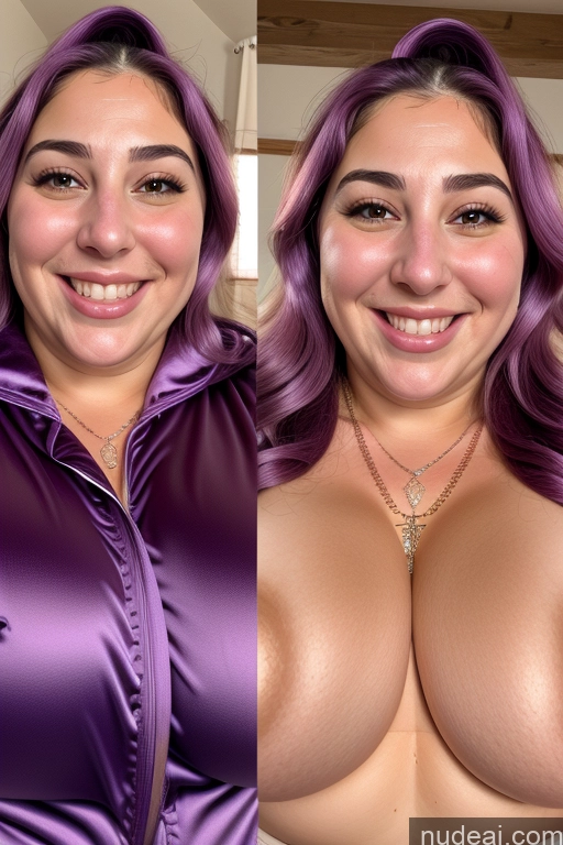 ai nude image of arafed woman with purple hair and big breasts posing for a picture pics of Woman Busty Thick Chubby Fat 30s Happy Purple Hair Jewish Onesie Gloves Satin Jewelry Close-up View Onoff Beautiful