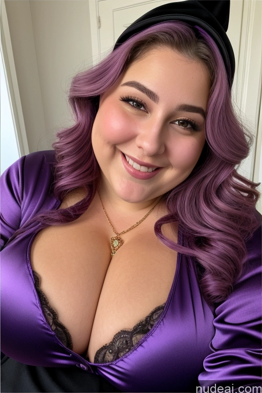 ai nude image of purple hair with a black hat and a purple dress pics of Woman Busty Thick Chubby Fat 30s Happy Purple Hair Jewish Onesie Gloves Satin Jewelry Close-up View Beautiful Huge Boobs