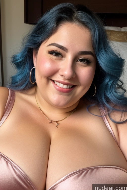 ai nude image of arafed woman with blue hair and a pink bra top pics of Woman Busty Thick Chubby Fat 30s Happy Jewish Onesie Gloves Satin Jewelry Close-up View Beautiful Huge Boobs Blue Hair