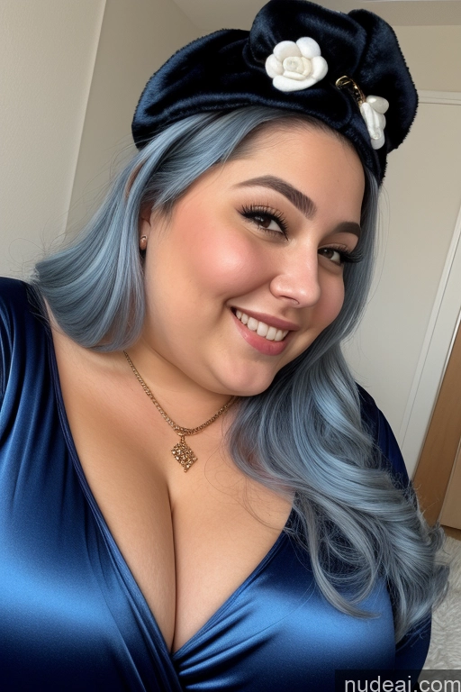 ai nude image of arafed woman with blue hair and a blue dress smiling pics of Woman Busty Thick Chubby Fat 30s Happy Jewish Onesie Gloves Satin Jewelry Close-up View Beautiful Huge Boobs Blue Hair