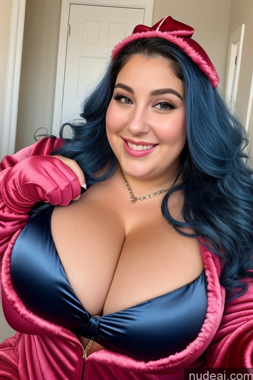 ai nude image of arafed woman in a pink and blue dress posing for a picture pics of Woman Busty Thick Chubby Fat 30s Happy Jewish Onesie Gloves Satin Jewelry Close-up View Beautiful Huge Boobs Blue Hair