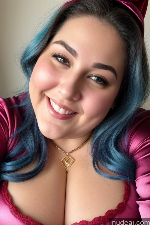 ai nude image of arafed woman with blue hair and a pink dress smiling pics of Woman Busty Thick Chubby Fat 30s Happy Jewish Onesie Gloves Satin Jewelry Close-up View Beautiful Huge Boobs Blue Hair