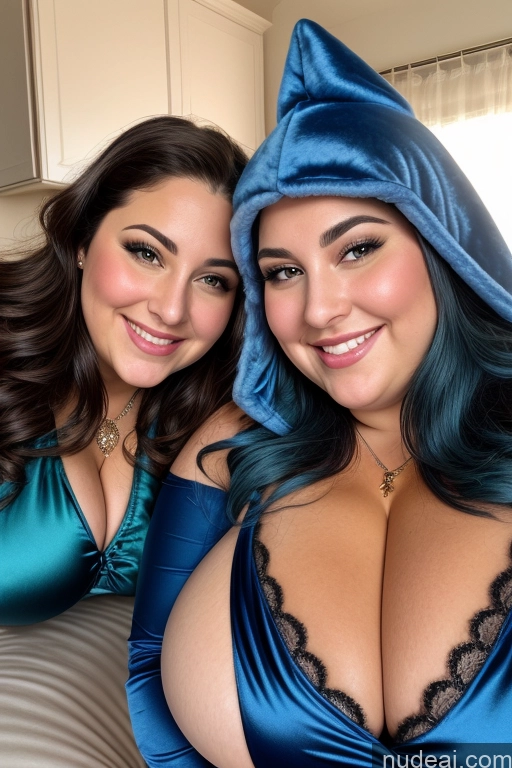 ai nude image of two women in blue lingersuits posing for a picture pics of Woman Busty Thick Chubby Fat 30s Happy Jewish Onesie Gloves Satin Jewelry Close-up View Beautiful Huge Boobs Blue Hair Cleavage Two