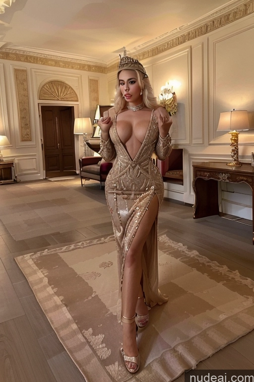 ai nude image of araffe woman in a gold dress posing in a room pics of Bimbo FairArguementBut Perfect Boobs Beautiful Lipstick Big Hips 20s Serious Crisp Anime Deep V-Neck Dress Haute Couture V3 Regal Gold Jewelry Detailed Victorian Parlor