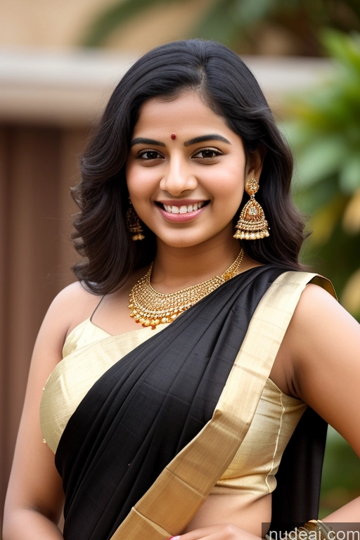 ai nude image of arafed woman in a black and gold sari smiling for the camera pics of Perfect Boobs 18 Happy Black Hair Indian Front View Sari Gold Jewelry