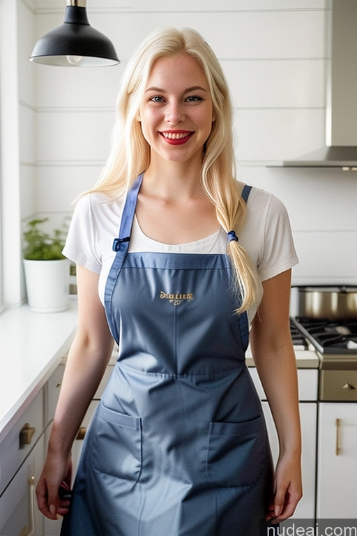 ai nude image of blonde woman in blue apron standing in kitchen with white cabinets pics of Long Hair Fairer Skin Oiled Body Scandinavian Lipstick Hourglass Bright Lighting Happy Apron