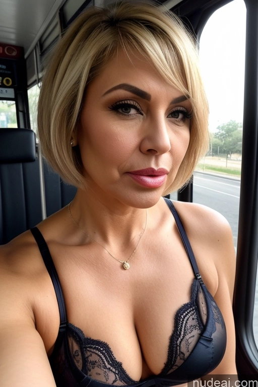 ai nude image of blond woman in a bra top sitting in a bus looking at the camera pics of Milf Big Ass Perfect Boobs Beautiful Perfect Body 50s Serious Seductive Sexy Face Pouting Lips Blonde Short Hair Turkish Bus Lingerie