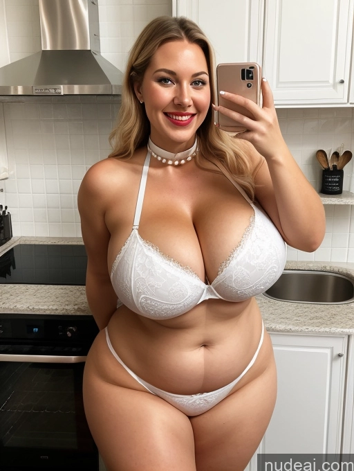 ai nude image of araffe woman in white bra and panties taking a selfie in the kitchen pics of Model One Busty Huge Boobs Perfect Boobs Beautiful Lipstick Big Ass Thick Chubby Big Hips Long Hair 30s Happy Scandinavian Mirror Selfie Kitchen Bending Over Bra Choker Dress Cleavage Pearl Jewelry Bright Lighting