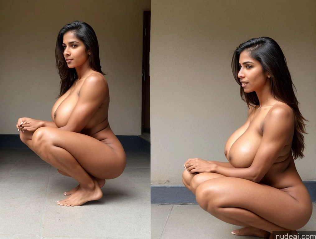 ai nude image of arafed woman kneeling on the ground with a naked body pics of Huge Boobs Perfect Boobs Perfect Body 20s Indian Small Tits Squatting Athlete Side View