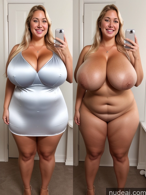 ai nude image of araffe woman in a silver dress and a woman in a white dress pics of One Busty Huge Boobs Perfect Boobs Beautiful Thick Chubby Big Hips 30s Happy Laughing Scandinavian Mirror Selfie Bra Dress Cleavage Transparent Pearl Jewelry Onoff Satin