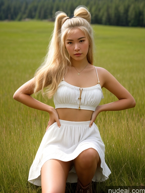 ai nude image of blonde woman in white dress sitting in field with cross necklace pics of Sorority One 18 White Meadow 70s Jewelry Detailed Serious Vintage Pigtails Blonde Boots Sundress Girl