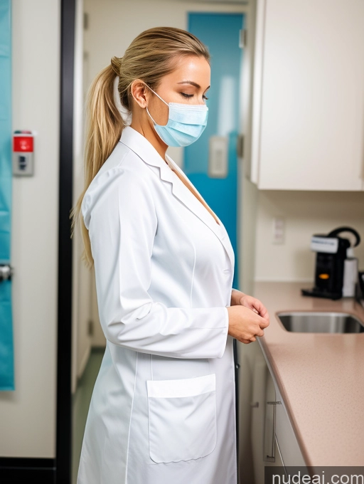 ai nude image of arafed woman in a lab coat and face mask standing in a kitchen pics of Woman Busty Perfect Boobs Small Tits Beautiful Big Ass Skinny Perfect Body Pubic Hair 20s Blonde Ponytail Hospital Face Mask Lab Coat Cleavage