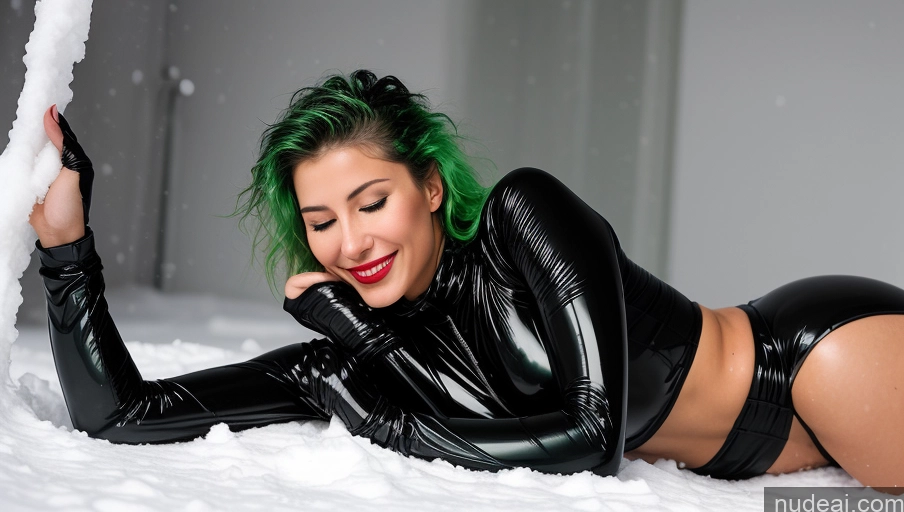 ai nude image of araffe in a black latex outfit laying on a bed of snow pics of Woman One Perfect Boobs Beautiful Tattoos Lipstick Muscular Skinny Abs Perfect Body 18 Happy Orgasm Green Hair Messy French Snow Front View Spreading Legs Latex Transparent Detailed