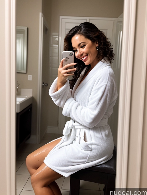 related ai porn images free for Woman One Chubby 50s Happy Brunette Curly Hair French Mirror Selfie Bathroom Side View Bathing Bathrobe Dark Lighting Detailed Transparent