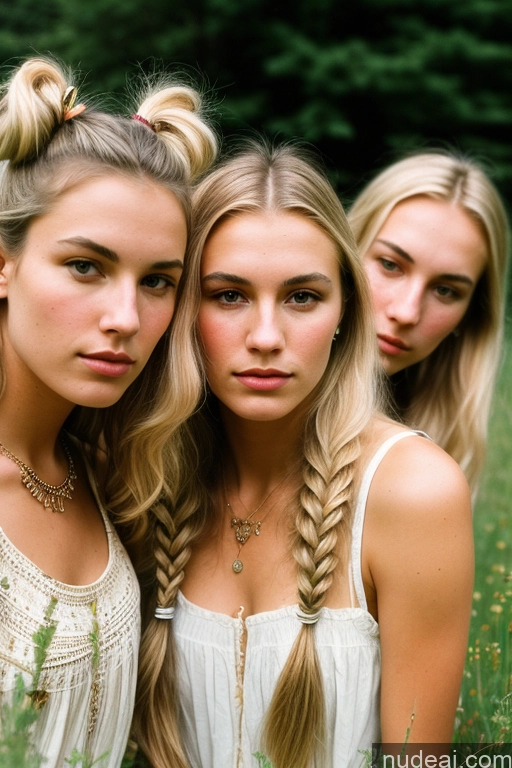 ai nude image of three women with braids standing in a field of tall grass pics of Sorority 18 Serious Blonde Pigtails White Vintage Meadow 70s Boots Sundress Jewelry Detailed Several