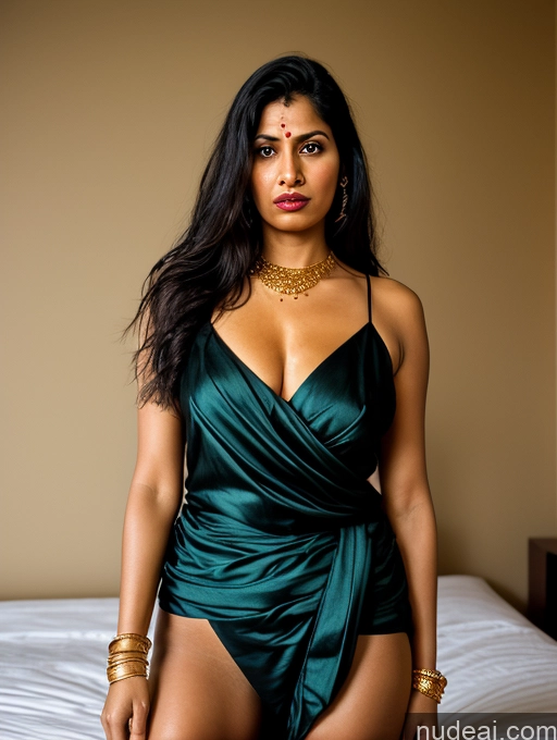 ai nude image of there is a woman in a green dress posing on a bed pics of Woman One Perfect Boobs Long Legs Tanned Skin 30s Black Hair Indian Bedroom Front View Sari Gold Jewelry Bright Lighting Detailed Small Tits Lipstick Small Ass Skinny Pubic Hair Tall Shocked Angry Long Hair Sleeping