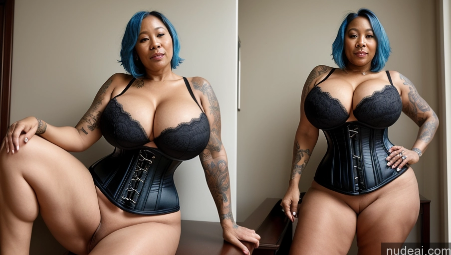 ai nude image of there is a woman with blue hair and a corset posing for a picture pics of Milf One Huge Boobs Perfect Boobs Beautiful Tattoos Big Ass Big Hips Short Dark Skin 80s Ahegao Blue Hair Black Nude Corset