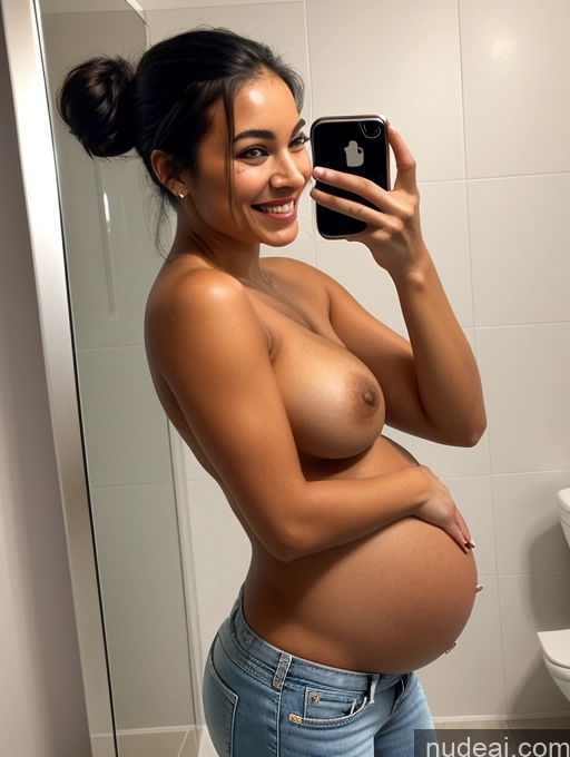 ai nude image of pregnant woman taking a selfie in a bathroom mirror pics of Woman One Perfect Boobs Perfect Body Pubic Hair Tanned Skin 18 Black Hair Hair Bun Stylish Detailed Spanish Pregnant Bathroom Front View Mirror Selfie Happy